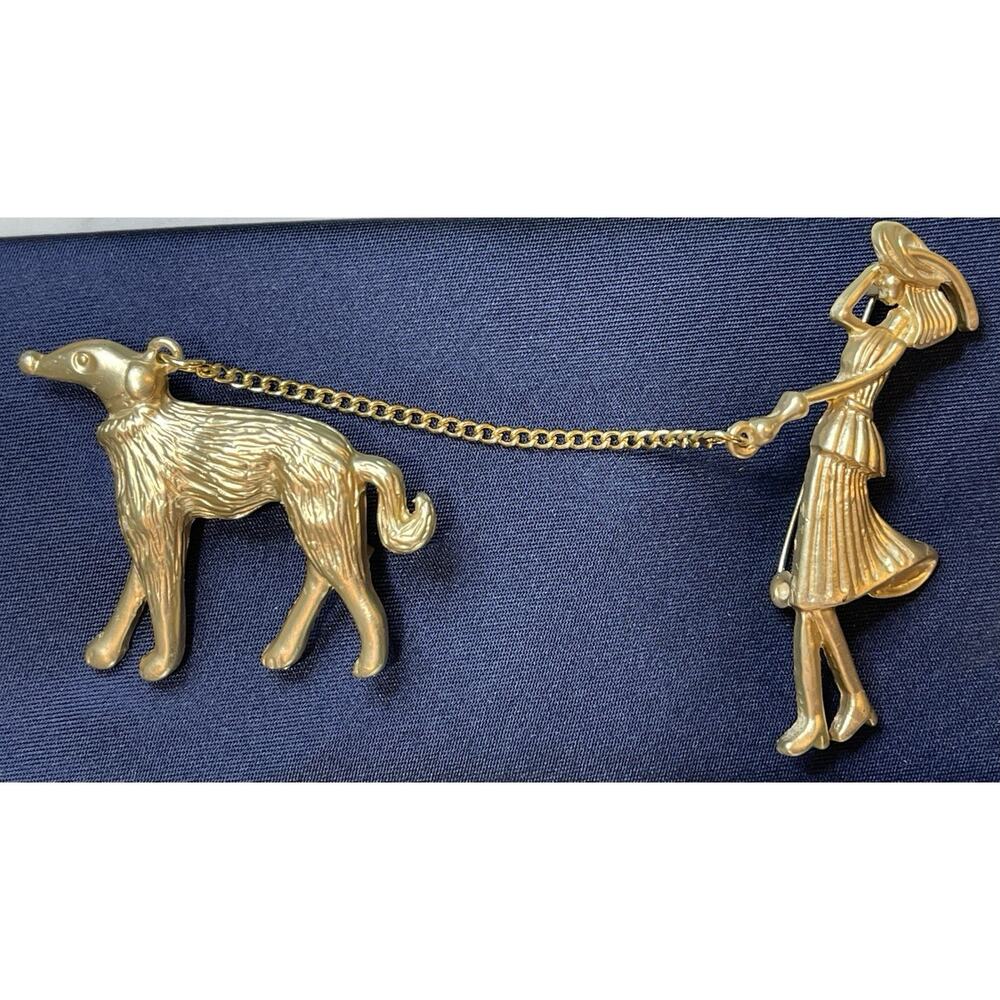 NWOT Lady Walking Dog Brooch Pin Gold Tone Chain Double Brooch Lapel Jacket Coat